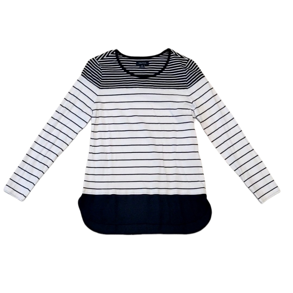 Nautica Navy Blue White Stripe Blouse Size M